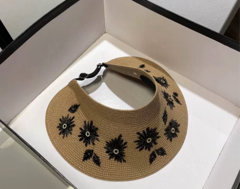 夏季刺绣水钻手勾花朵拉菲草草帽女沙滩大帽檐...