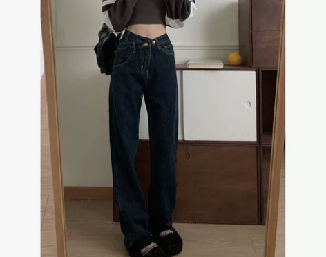 设计感垂感高腰大码显瘦牛仔裤女春秋宽松阔腿...