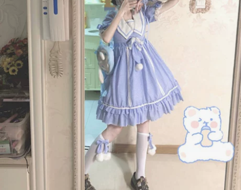 海军领短袖格子连衣裙女学生夏季日系软妹Lo...