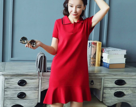 连衣裙女夏2018新款度假学院风显瘦红色鱼...