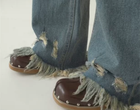 eihey诶嘿秋季街头裤腿破洞毛边牛仔裤高...