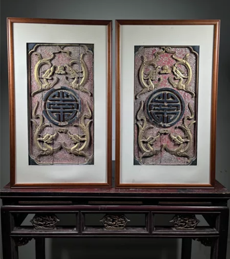 清早期高年份鎏金草龙板一对，工艺漂亮年份好...