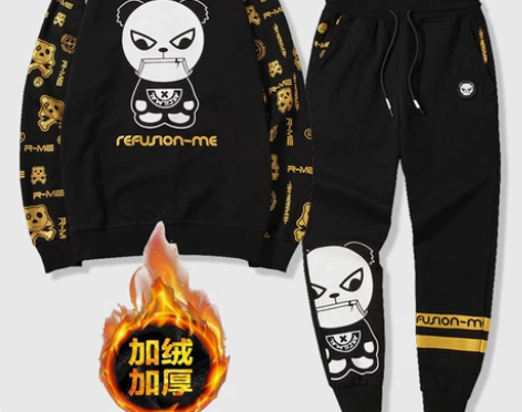 潮流嘻哈熊猫印花卫衣男胖子大码秋冬款休闲加...