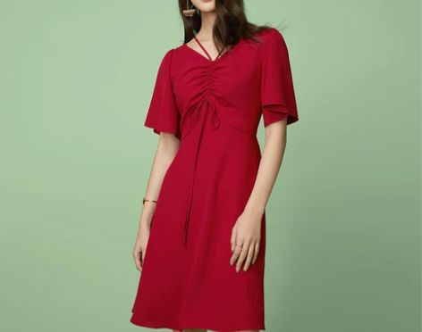 范思蓝恩红色高腰裙子V领雪纺连衣裙女夏… ...