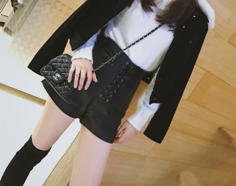张佐佐新款汽眼系带皮短裤女高腰休闲显瘦秋…...