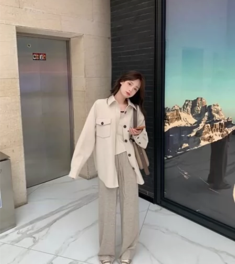 珍珍家 灰色阔腿裤女高腰垂感直筒宽松裤子拖...