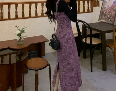 a字裙连衣裙女高腰黑色秋长袖裙子吊带