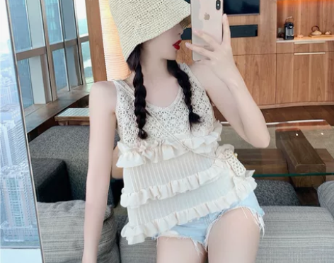 设计感拼接荷叶边无袖上衣女夏季新款洋气宽松...