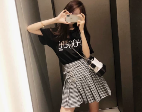 出口FBB格子半身裙女夏装新款高腰a字裙不...