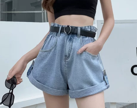 卷边牛仔短裤女夏季薄款高腰显瘦裤子网红a字...