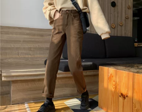 大码咖色高腰牛仔裤女秋冬季胖mm适合胯大腿...