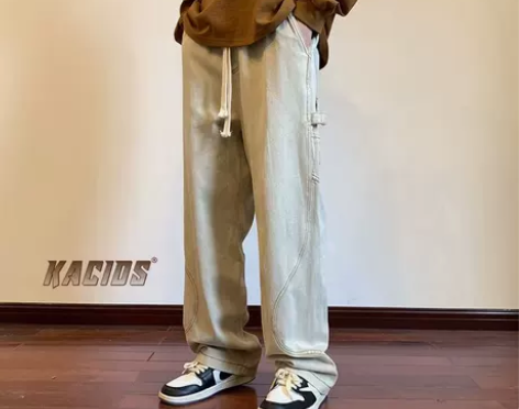 卡其色工装牛仔裤男秋冬日系复古潮ins宽松...