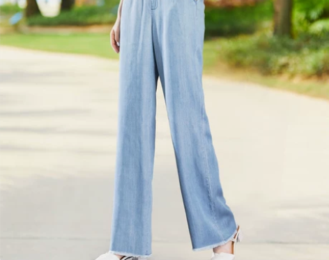 天丝牛仔裤女宽松直筒显瘦高腰阔腿裤坠感冰丝...