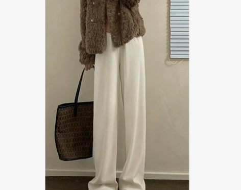 米白色针织阔腿裤女2022年新款秋冬季高腰...