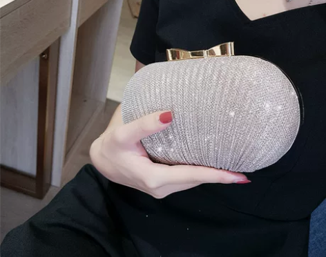2022新款闪亮褶皱金属蝴蝶结鹅蛋手拿包女...