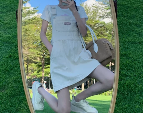 杏色牛仔背带裙女夏季大码胖mm宽松显瘦减龄...