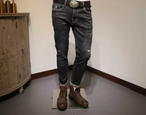 复古黑灰色水洗男士破洞牛仔裤男修身小脚长裤...