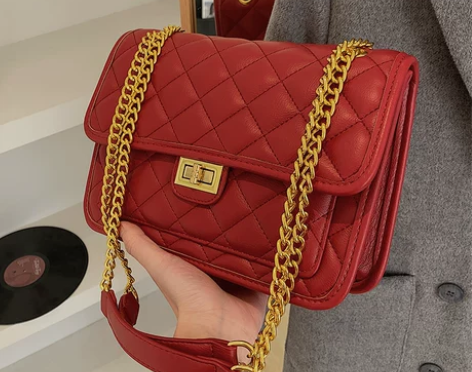 红色包包女2021新款时尚百搭菱格链条单肩...