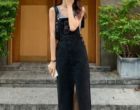 黑色牛仔背带裙女夏薄款轻熟风韩版宽松减龄小...