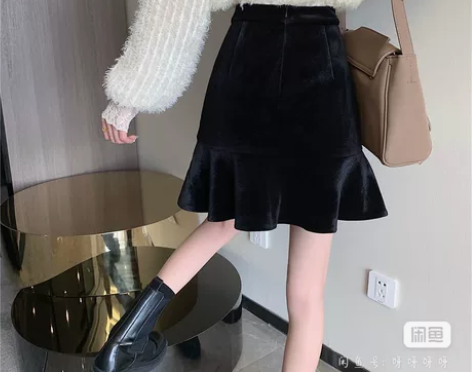 ?试穿拍照?不规则鱼尾短裙秋冬时尚金丝绒半...