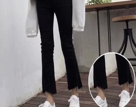 新款黑色高腰微喇叭牛仔裤女毛边学生韩版显瘦...