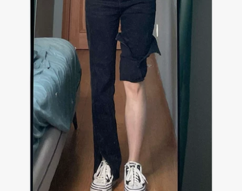 黑色加绒开叉牛仔裤女秋冬大码微胖mm直筒喇...