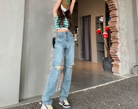 破洞直筒牛仔裤女夏季薄款高腰vibe美式高...