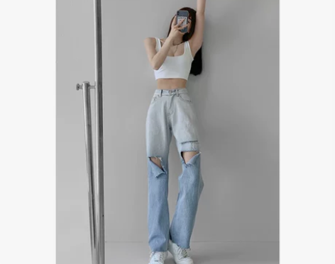 欧美渐变破洞牛仔裤女夏季薄款高腰显瘦阔腿裤...