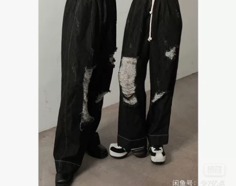非常好看的精致的破洞牛仔裤黑色拖地阔腿裤 ...