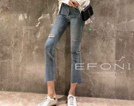 EFONI 水洗蓝色刀割不规则撕边流苏微破...