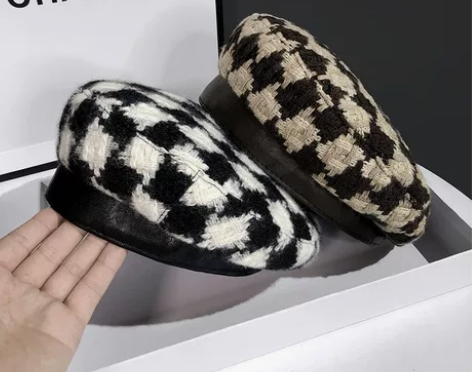 全新气质款网红皮边贝雷帽女秋冬羊毛针织蓓蕾...