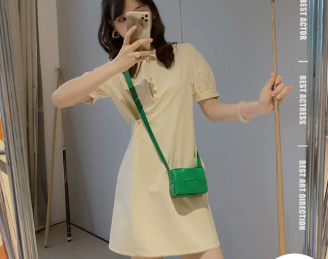 花栗鼠小姐小个子衬衫连衣裙夏粉色polo领...