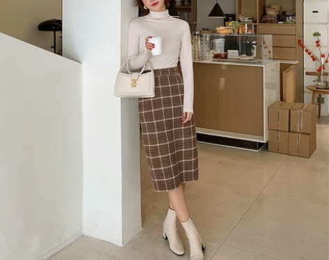 ?岛歌夫人方格子裙半身裙女包臀裙中长款气质...