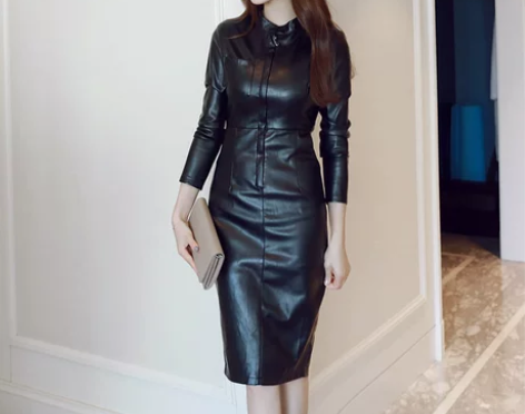 加绒皮裙新款女装修身显瘦大码中裙韩版紧身长...