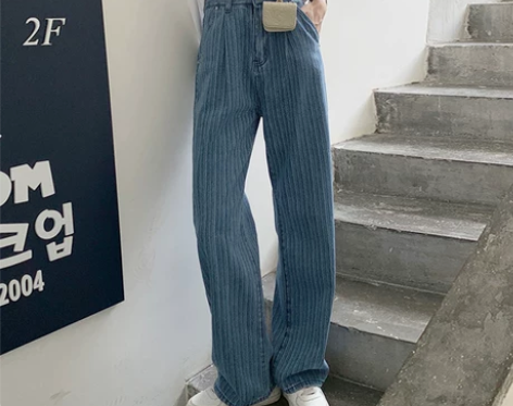 春秋季条纹牛仔裤女直筒宽松高腰阔腿2021...