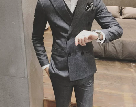 修身双排扣条纹西服套装潮男青年韩版英伦休闲...