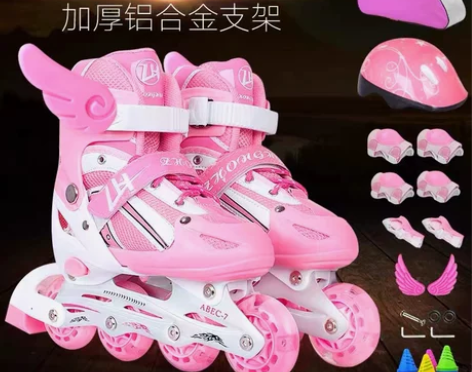 迪卡侬溜冰鞋儿童全套装男女童直排轮旱冰鞋轮...