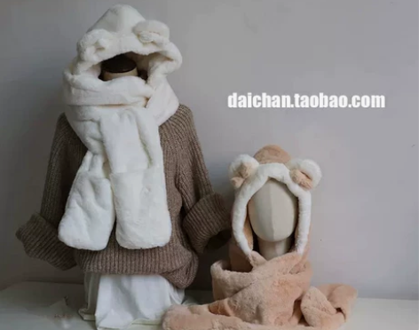 代小蝉帽子围巾一体帽 韩版仿兔毛雷锋帽 保...