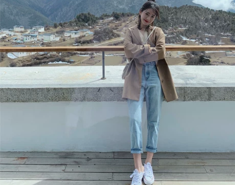 kimyy 韩版高腰直筒牛仔裤宽松裤子女显...