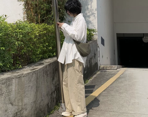 旧朋友-自制日系复古浅卡其工装裤女宽松直筒...