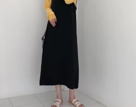 韩国百搭黑色背带裙连衣裙长裙宽松显瘦雪纺女...