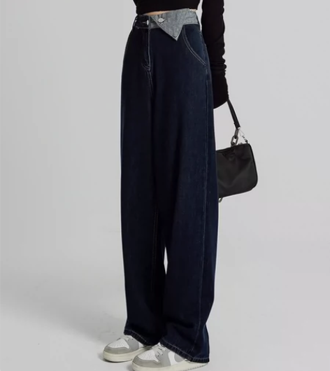 深蓝色高腰阔腿牛仔裤女直筒宽松显瘦2022...