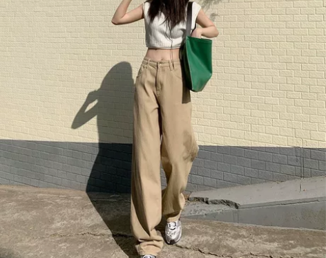 卡其色加长牛仔裤女高个子长裤阔腿垂感高腰显...