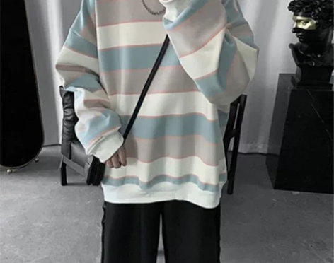 港风条纹卫衣男韩版学生宽松潮流男士加绒套头...