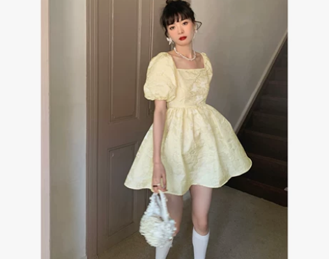 乌龙羊/法式方领蓬蓬裙连衣裙女夏小个子提花...