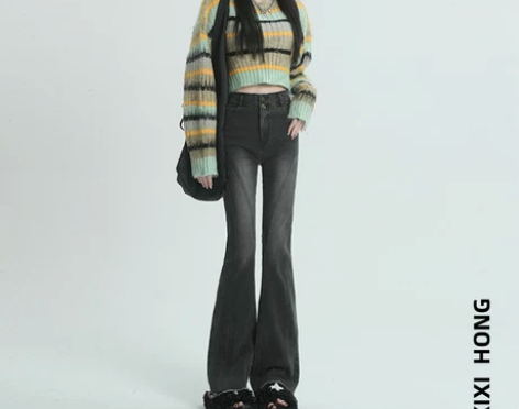 黑灰色微喇牛仔裤女2022年新款显瘦弹力双...