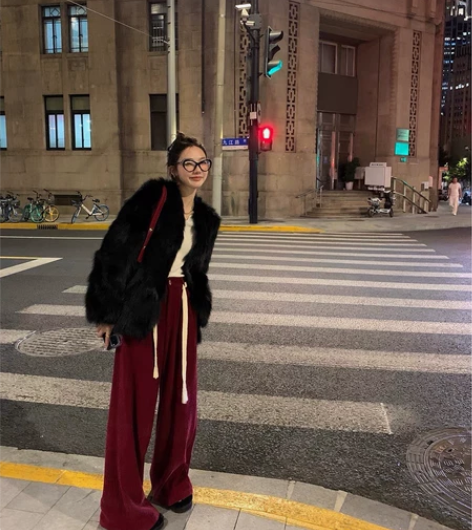 区区欧阳 抽绳休闲裤女秋冬高腰显瘦直筒阔腿...