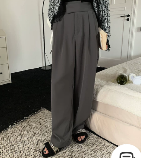 杨泡泡 设计感宽腰头灰色垂感休闲裤女202...