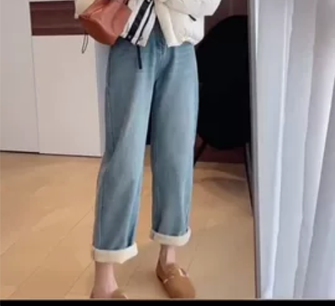 复合厚绒浅蓝阔腿牛仔裤女冬季2022新款韩...