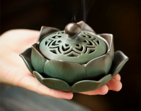 包邮莲花香薰炉檀香炉书房居室摆件青铜纹色陶...